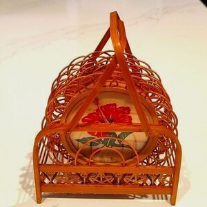 Vintage Bamboo Rattan Hibiscus Flower Set of 5 Coasters with Caddy